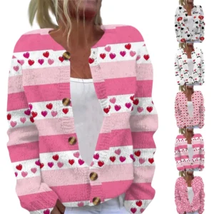 Women's Fashion Printed Valentine's Day Long Sleeved Knitted Cardigan Button