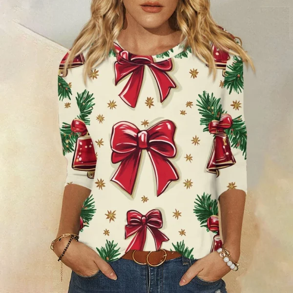 Ladies Loose Printed Casual T-Shirt Round Neck 3/4 Sleeve Christmas Women's Top - Image 34