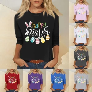 Women's Basic Printed Tops Plus Size 3/4 Sleeve Fashion Easter Casual Pullover