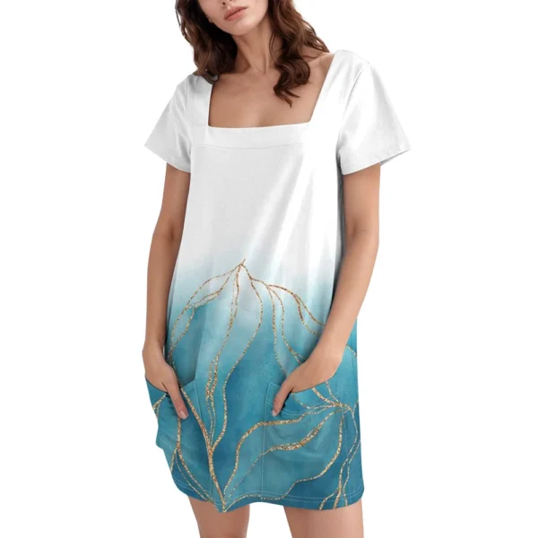 Women's Square Collar Short Sleeve Fashion Skirt Floral Print Pocket Casual - Image 8