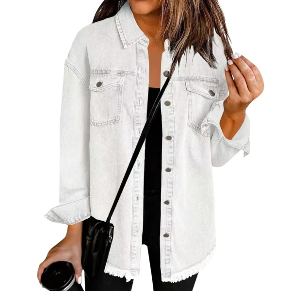 Women's Fashion Denim Shirt Jacket Milled Hem Button Casual Long Sleeve Jacket - Image 47