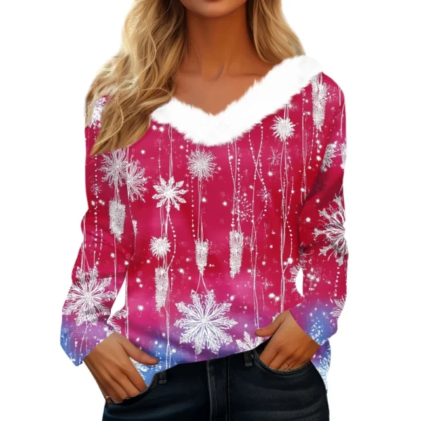 Women's Long Sleeve Christmas Printed Party Plush Neck Wide Casual V-Neck Top - Image 2
