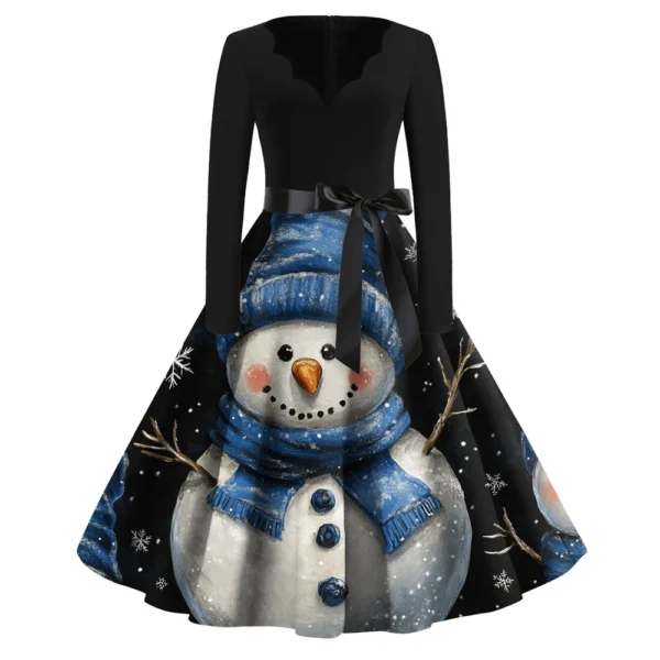 Women's Casual V-Neck Fashion Printed Christmas Long Sleeve Slim Dresses - Image 8