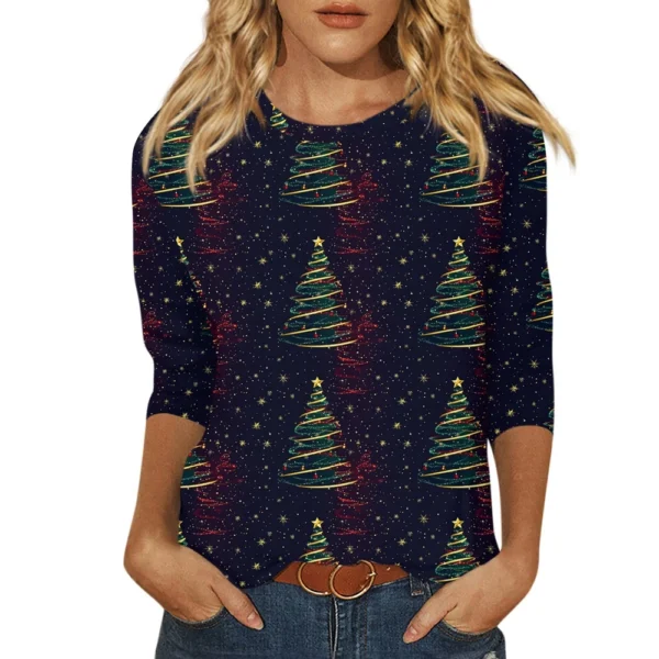 Ladies Loose Casual Round Neck T-Shirt Printed 3/4 Sleeve Christmas Women's Top - Image 6