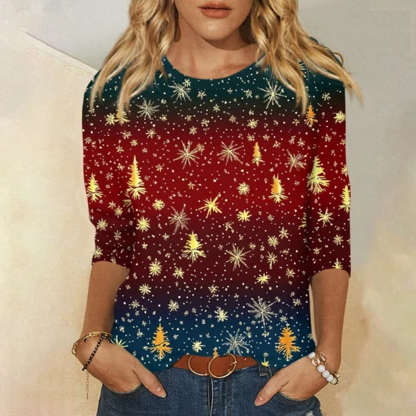 Ladies Loose Casual Round Neck T-Shirt Printed 3/4 Sleeve Christmas Women's Top - Image 22