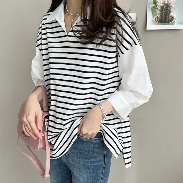 Women's Loose Striped Shirt Collar Women's Top - Image 2