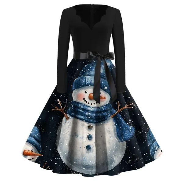 Women's Casual V-Neck Fashion Printed Christmas Long Sleeve Slim Dresses - Image 10