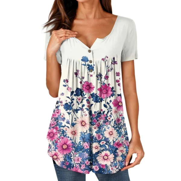 Women Tunic Tops Dressy Casual Summer Short Sleeve Shirts Loose Fit Pleated - Image 2