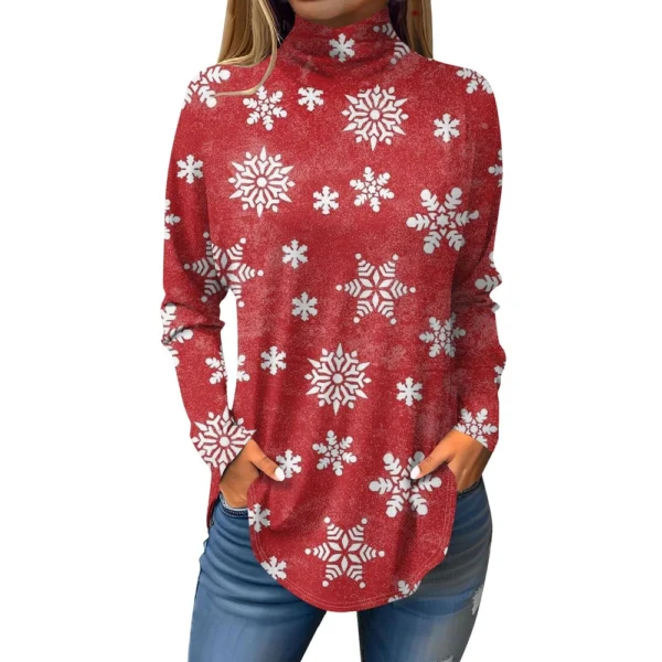 Women's Casual Christmas High Neck Pullover Long Sleeve Printed Fashion T-Shirt - Image 12