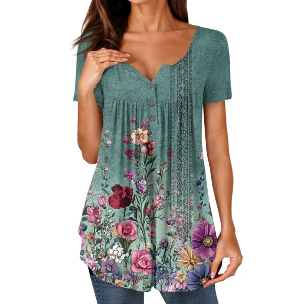 Women Tunic Tops Dressy Casual Summer Short Sleeve Shirts Loose Fit Pleated - Image 14