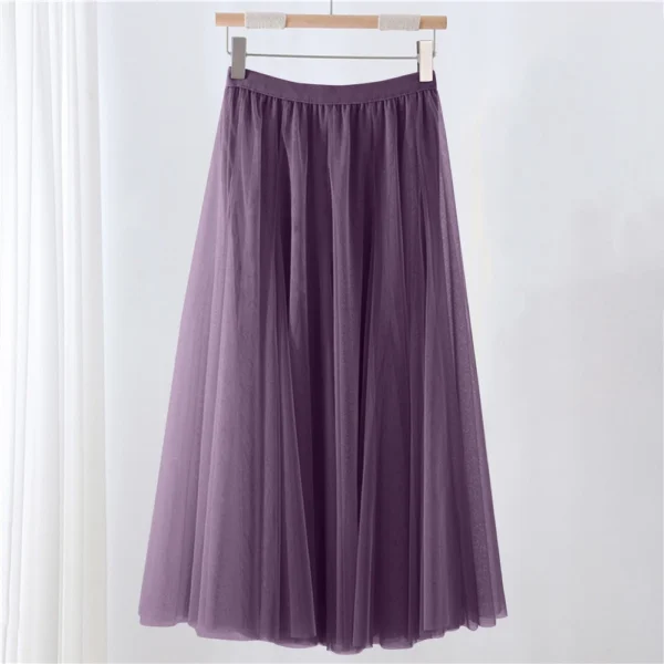 Women's Solid Color Mesh Skirt With Elastic Band Large Swing Mid Length Skirt - Image 31