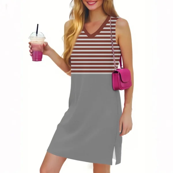 Women's Casual Fashion Sexy V-neck Sleeveless Striped Hem Slit Dress - Image 38