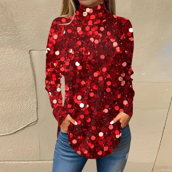 Women's Casual Christmas High Neck Pullover Long Sleeve Fashion Printed T-Shirt - Image 22