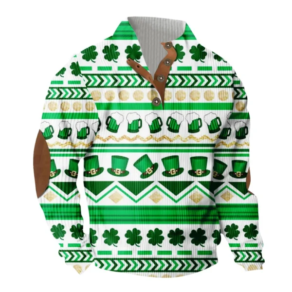 Knit Printed 3 Button - Corduroy Men's Standing Collar Pocket Sweatshirt - Image 9