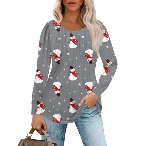 Women's Christmas Printed Top Round Neck Casual Pleated Long Sleeved T-Shirt - Image 19