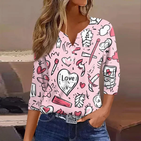 Women's T Shirt Tee Valentine's Day Print Button 3/4 Sleeve Daily Weekend - Image 16