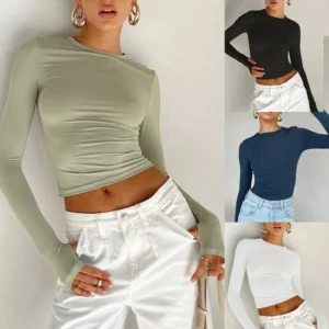 Women's Solid Color Crew Neck Bottom Shirt Long Sleeve Top Women's