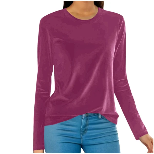 Women's Fashion Golden Velvet Solid Colour Round Neck Long Sleeve T-Shirt Top - Image 22