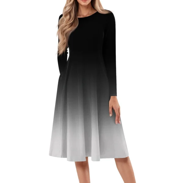 Women's Casual Fashion Round Neck Long Sleeve Print Midi Dress - Image 17
