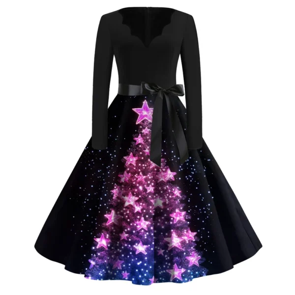 Women's Casual V-Neck Fashion Printed Christmas Long Sleeve Slim Dresses - Image 37