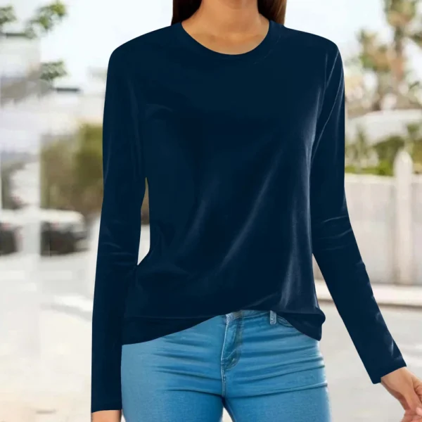 Women's Fashion Golden Velvet Solid Colour Round Neck Long Sleeve T-Shirt Top - Image 30