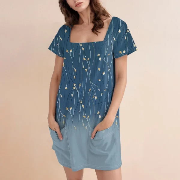 Women's Square Collar Short Sleeve Fashion Skirt Floral Print Pocket Casual - Image 25