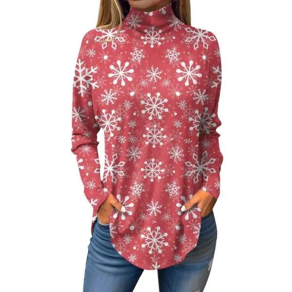 Women's Casual Printed High Neck Fashion Long Sleeve Pullover Christmas T-Shirt - Image 3