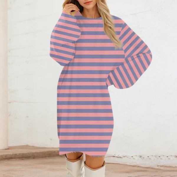 Women's Round Neck Casual Long Sleeve Plush Gradient Stripe Dresses - Image 33