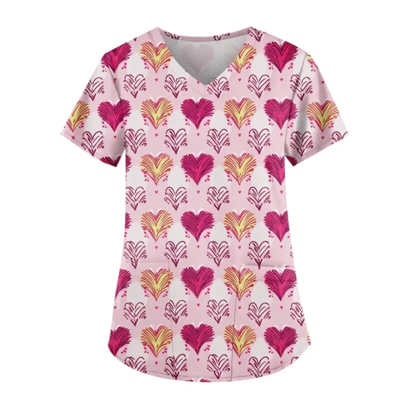 Women's Cute Printed Work Clothes V-neck Double Layer Pockets Basic Short - Image 46