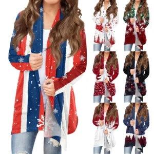 Women's Fashion Christmas Printed Jacket Cardigan Casual Medium Length Coat