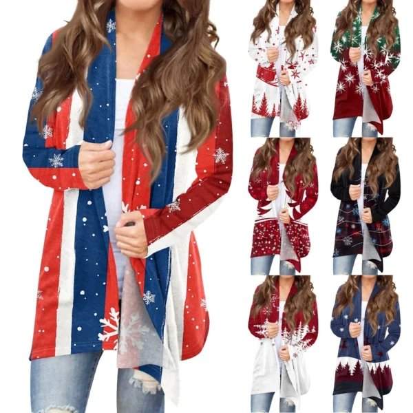 Women's Fashion Christmas Printed Jacket Cardigan Casual Medium Length Coat