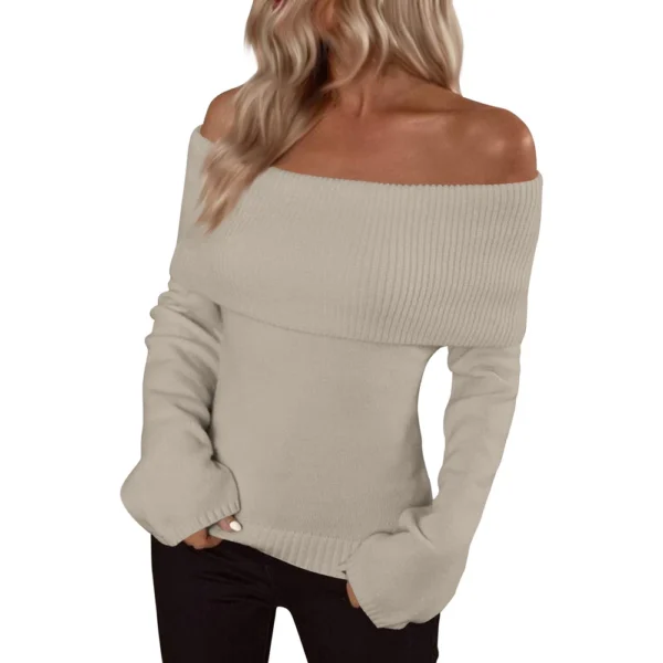 Pullover Jumper Tops Womens Off Shoulder Fold Over Sweater Knit Fall Sweaters - Image 5