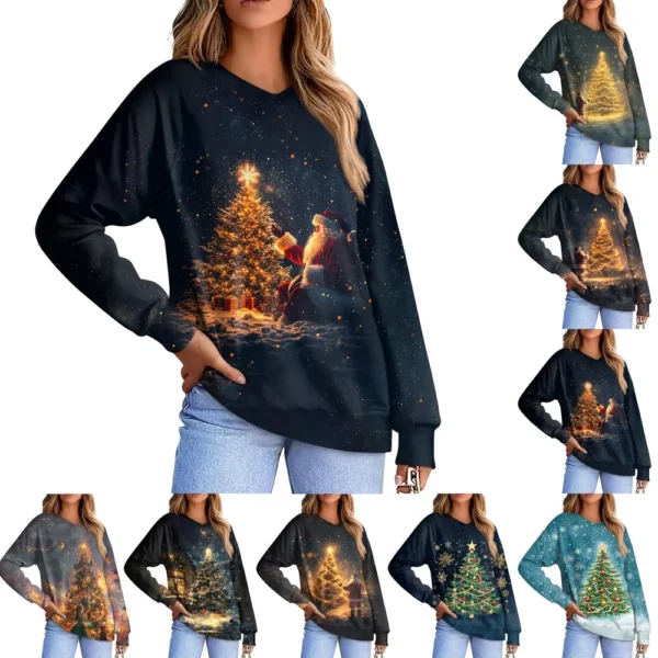 Women's Casual Fashion Comfortable Raglan Sleeve V-Neck Christmas Print