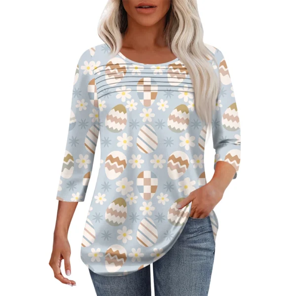 Women's Fashion Round Neck Pleated Front Placket Print 3/4 Sleeve Top - Image 13