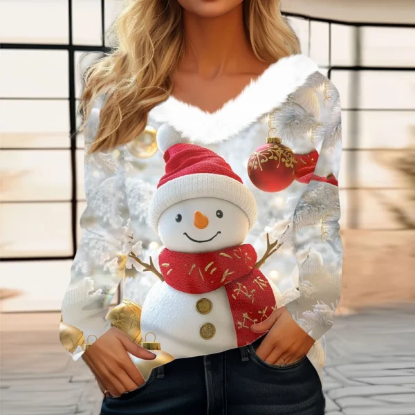 Women's Long Sleeve Christmas Printed Party Plush Neck Wide Casual V-Neck Top - Image 34