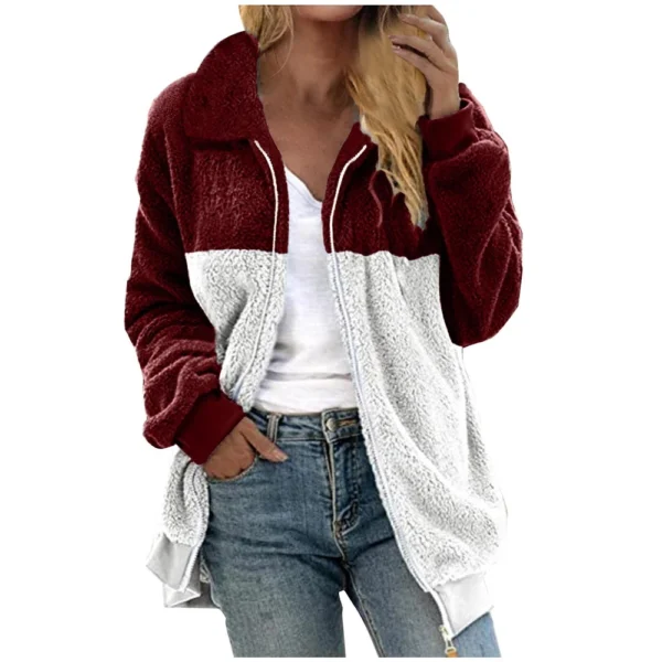 Women's Casual Color Blocking Loose Plush Zippered Flip Collar Jacket With - Image 29