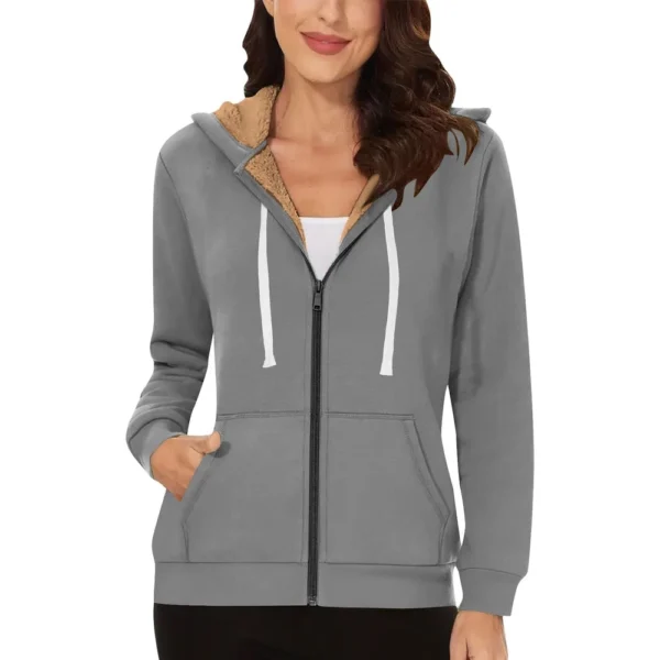 Lined Jacket Women Flannel Winter Warm Fleece Zip Up Hooded With Side Pockets - Image 19