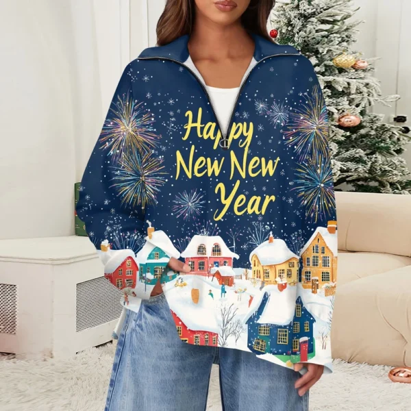 Women's Casual Half Zipper Lapel Christmas Printed Pullover Top Side Slit - Image 25