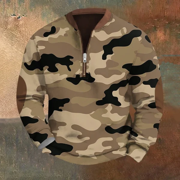 Men's Fashion Casual Half Zip Neck Loose Long Sleeve Camouflage Sweatshirt - Image 31