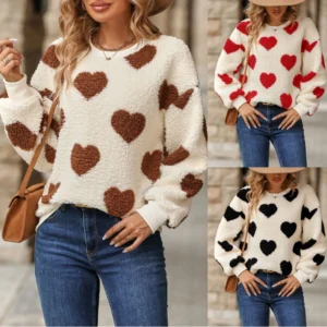 Plush love print long-sleeved crew-neck hoodie