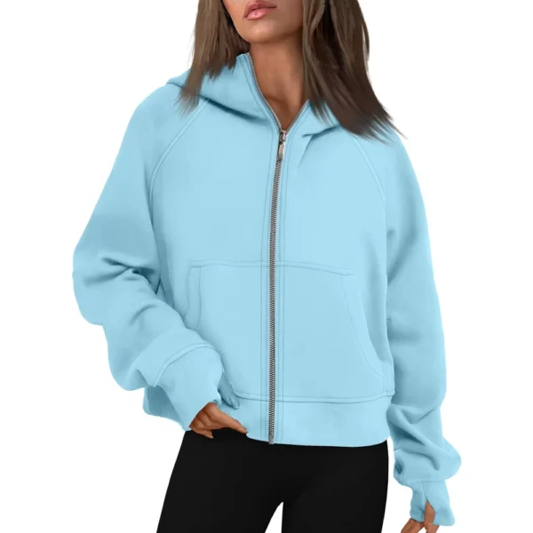 Women's Solid Color Zip-up Collar Hoodie With Sleeves And Fleece Hoodie Coat - Image 37
