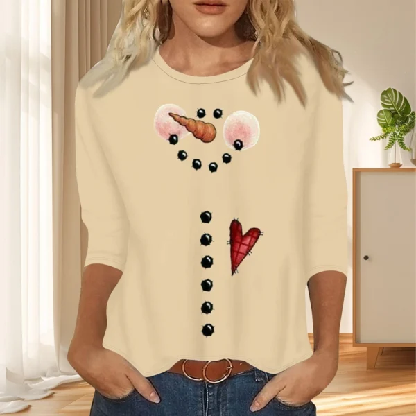 Ladies Casual Christmas Printed Top Round Neck 3/4 Sleeve Loose Women's T-Shirt - Image 19