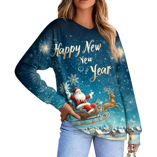 Women's Casual Fashion Comfortable Raglan Sleeve V-Neck Christmas Print - Image 10