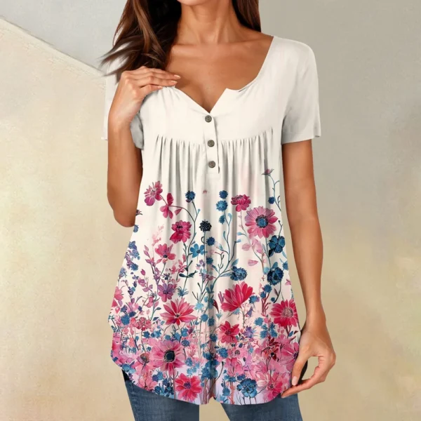 Women Tunic Tops Dressy Casual Summer Short Sleeve Shirts Loose Fit Pleated - Image 25