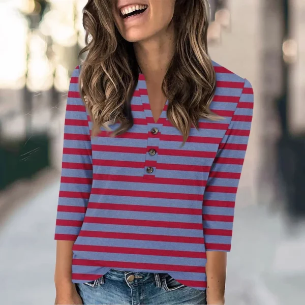 Women's Fashion Casual Loose 3/4 Sleeve Striped Printed Round Neck Top - Image 25