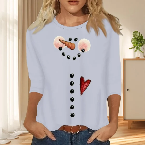 Ladies Casual Christmas Printed Top Round Neck 3/4 Sleeve Loose Women's T-Shirt - Image 22