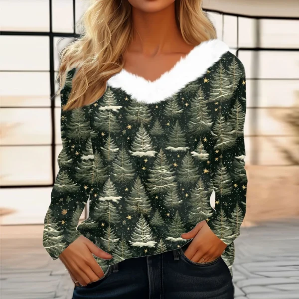 Women's Long Sleeve Christmas Printed Party Plush Neck Wide Casual V-Neck Top - Image 19