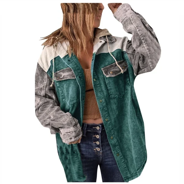Women's Contrasting Splicing Double Pocket Hooded Jacket - Image 3