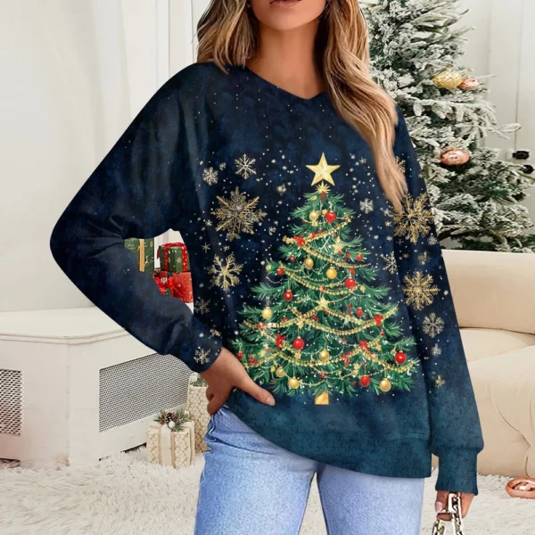 Women's Casual Fashion Comfortable Raglan Sleeve V-Neck Christmas Print - Image 16