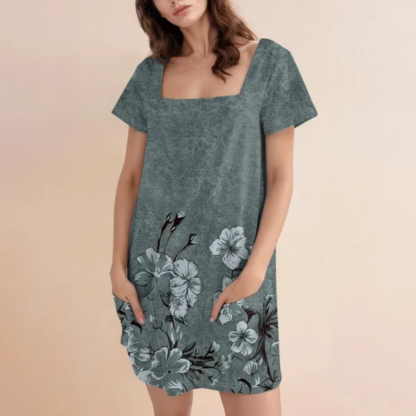Women's Square Collar Short Sleeve Fashion Skirt Floral Print Pocket Casual - Image 13